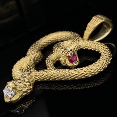 "I Heart Snakes" Twisted Snake Heart Pendant in 18K Gold with Diamond & Ruby