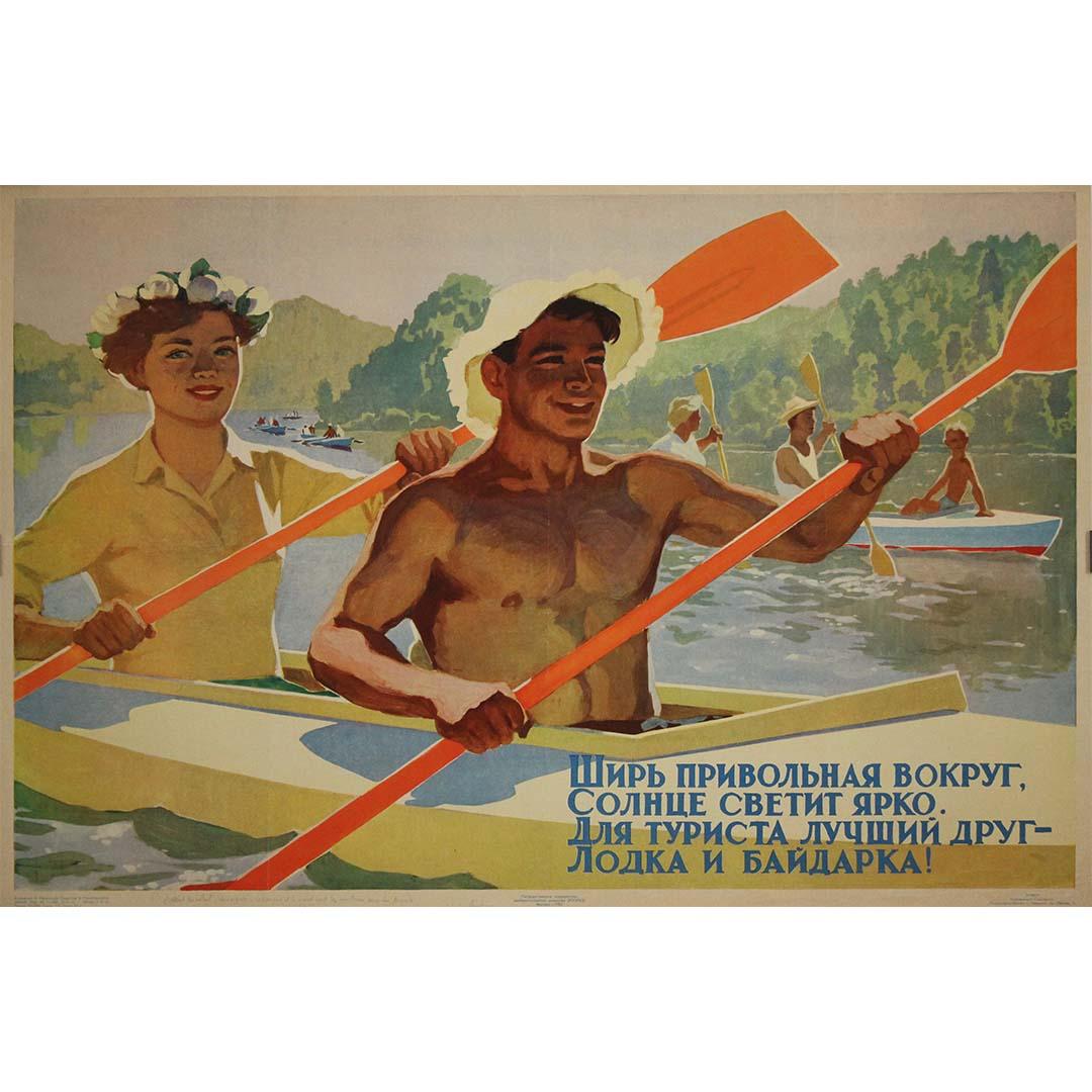 1961 Original Soviet Tourism Poster by Kalenskaya “Kayak & Outdoor Leisure USSR”
