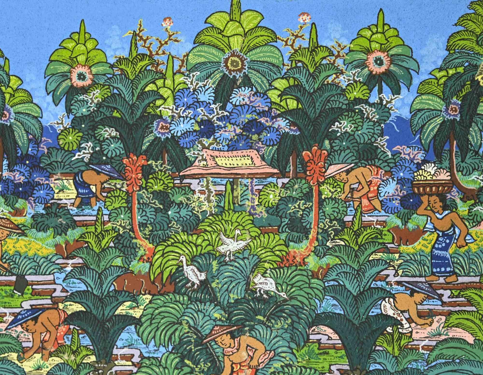 Paesaggio balinese - Tempera di I Ketut Soki - Anni '60 in vendita 4