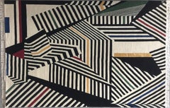 Rug - Handknotted Carpet Geometric Black White strioes Green red gold Wool Silk