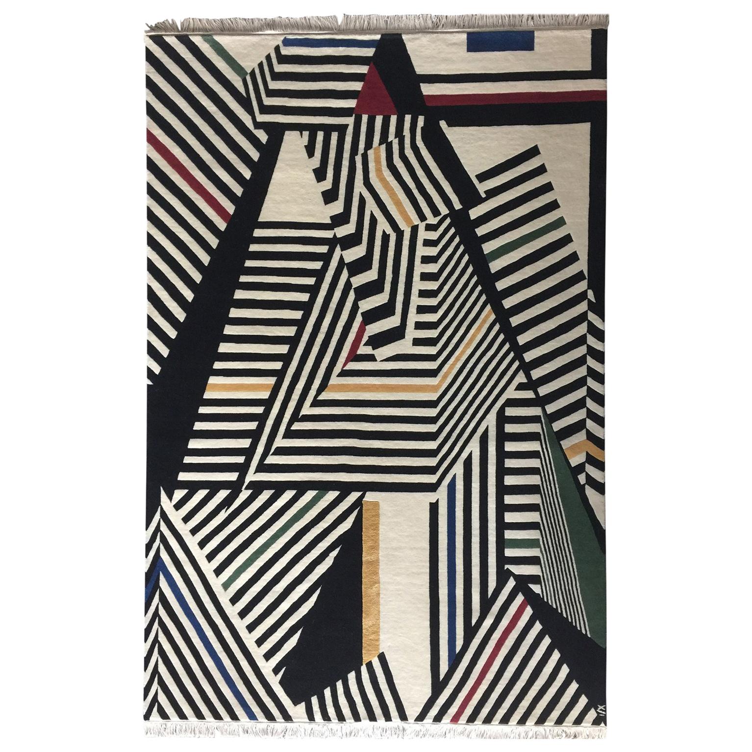 Rug - Handknotted Carpet Geometric Black White strioes Green red gold Wool Silk For Sale
