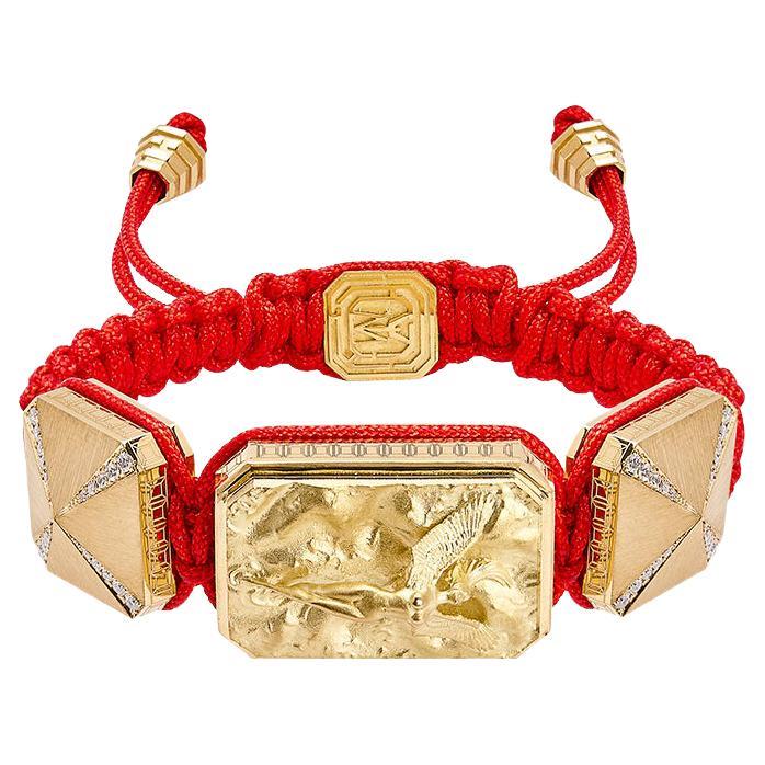 Bracelet en cordon rouge en or 18 carats avec micro-sculpture en relief « I Love Me & MyLife » et diamants