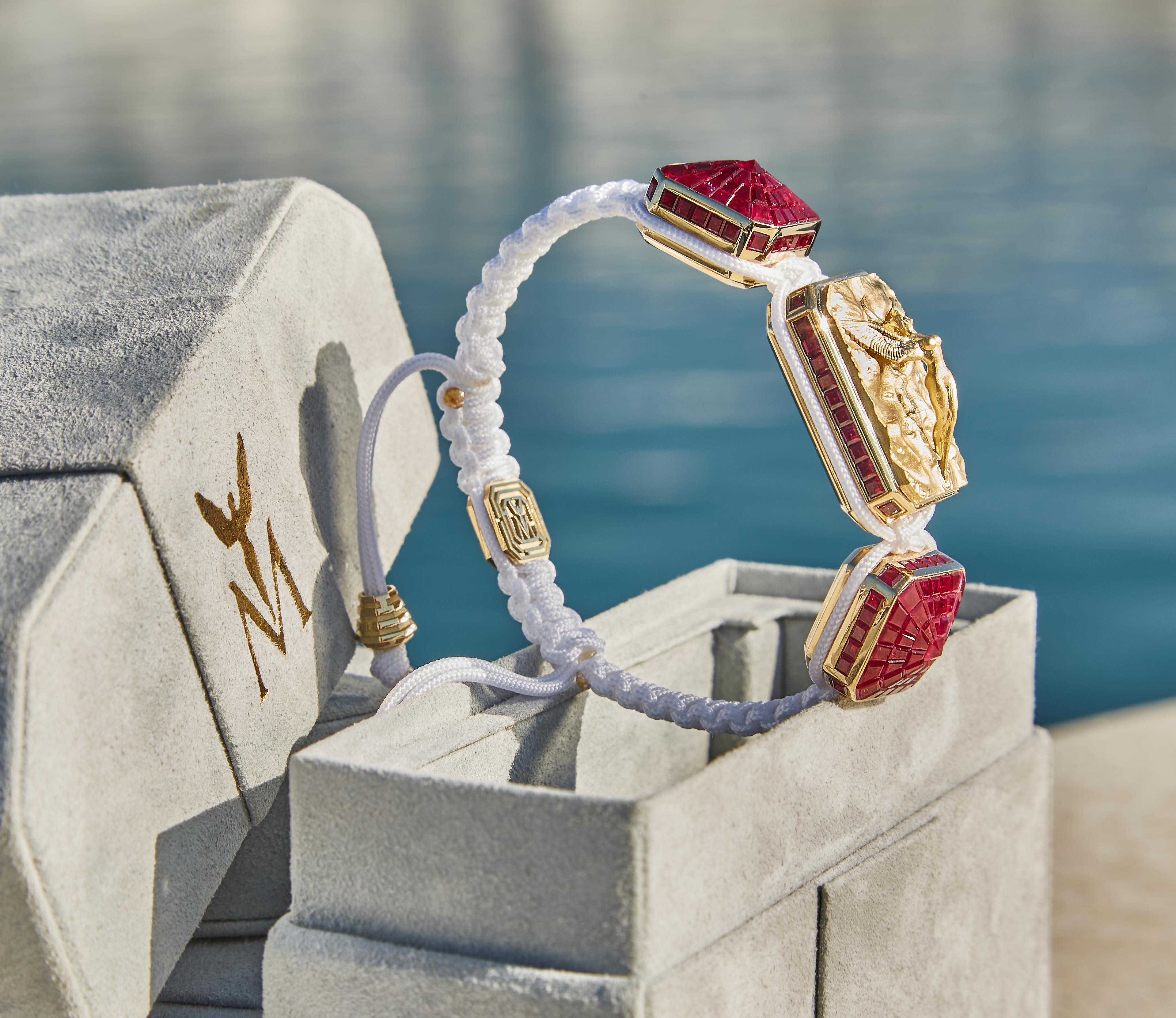 I Love Me & MyLife 3D Microsculpture in 18k Gold and Rubies Bracelet White Cord For Sale 3