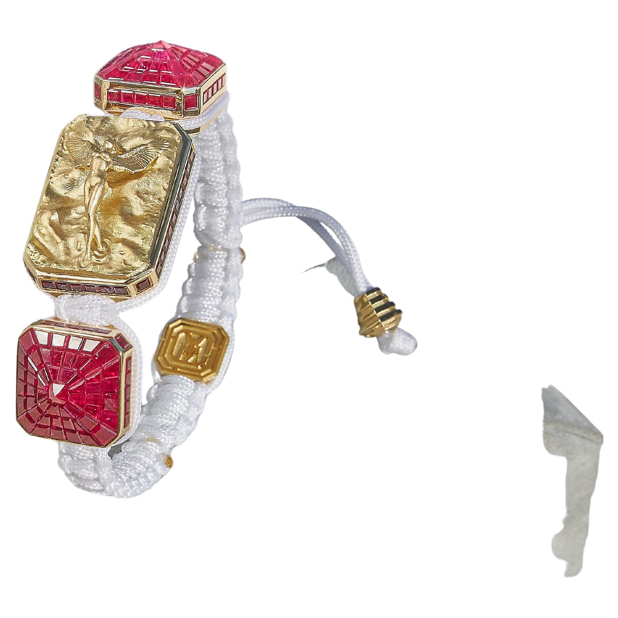 Modern I Love Me & MyLife 3D Microsculpture in 18k Gold and Rubies Bracelet White Cord For Sale