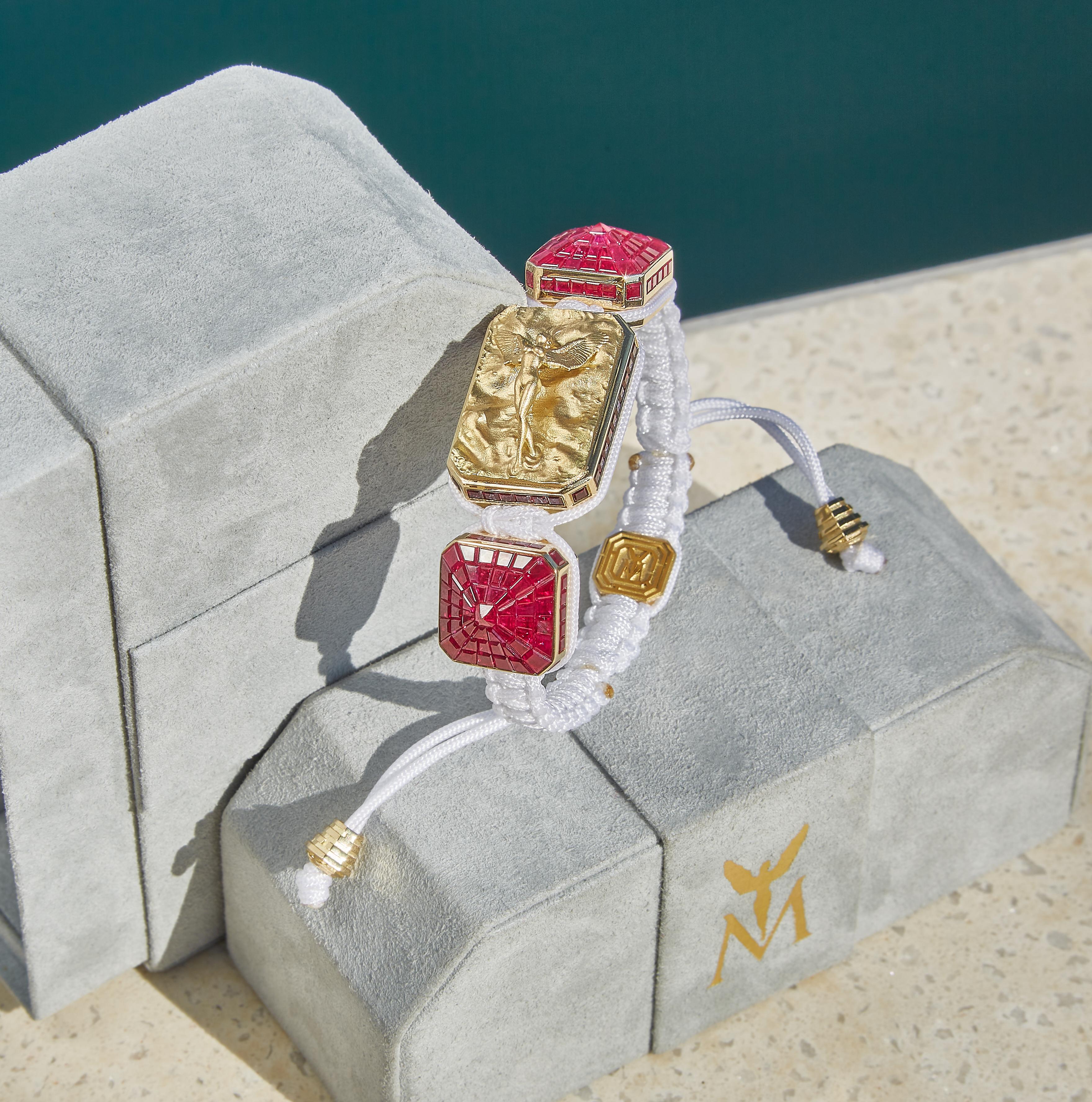 I Love Me & MyLife 3D Microsculpture in 18k Gold and Rubies Bracelet White Cord For Sale 2
