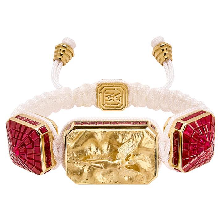 I Love Me & MyLife 3D Microsculpture in 18k Gold and Rubies Bracelet White Cord For Sale