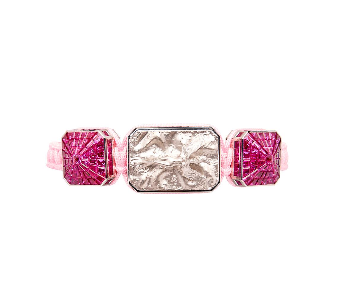 Modern I Love Me & MyLife 3D Microsculpture 18k Gold Diamonds Bracelet Pink Cord For Sale
