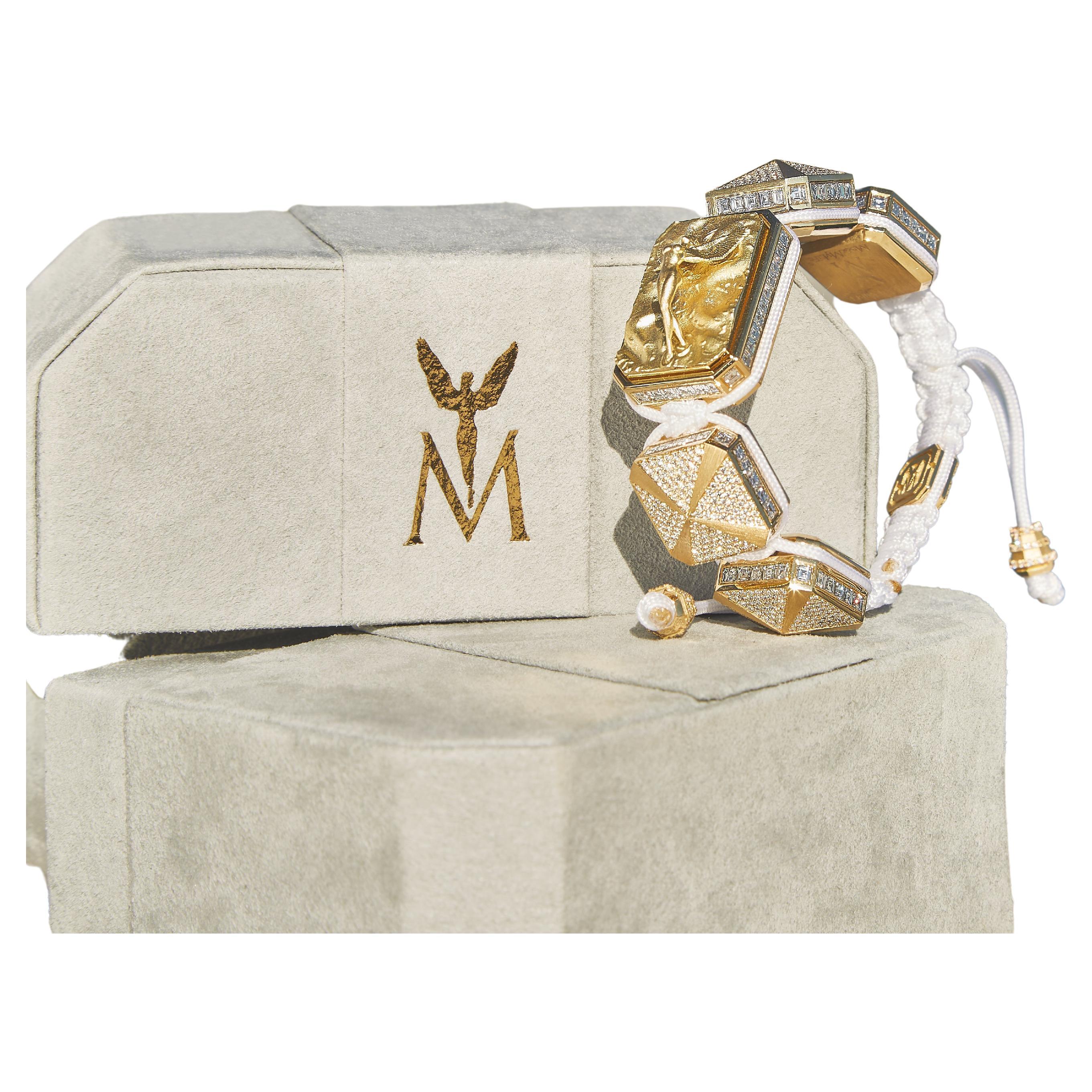 Modern I Love Me & MyLife 3D Microsculpture 18k Gold Diamonds Bracelet White Cord For Sale