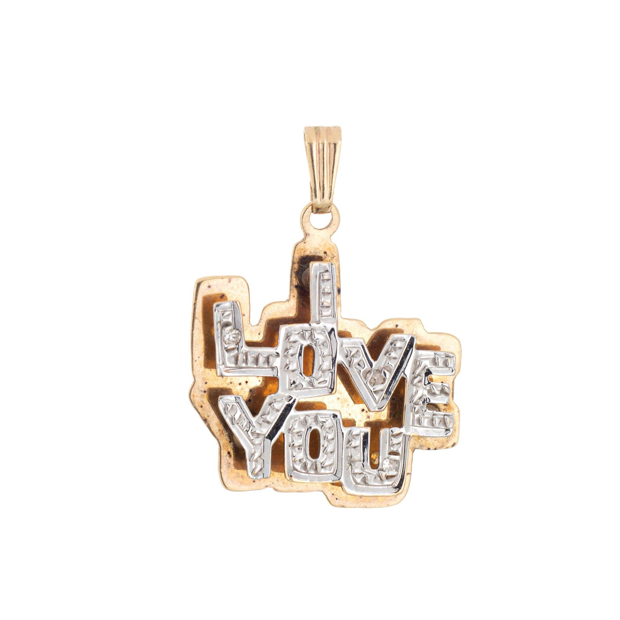 Modern I Love You 3D Pendant Diamond 14k Yellow Gold Vintage Charm Fine Jewelry For Sale
