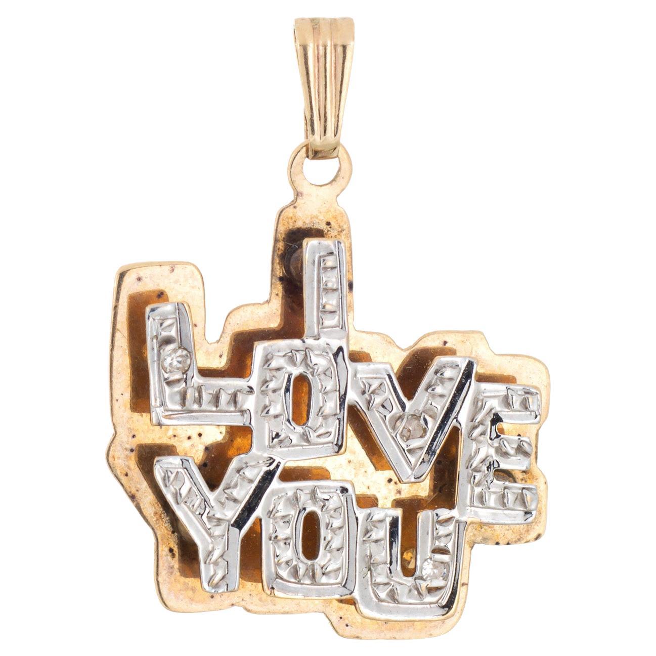 I Love You 3D Pendant Diamond 14k Yellow Gold Vintage Charm Fine Jewelry