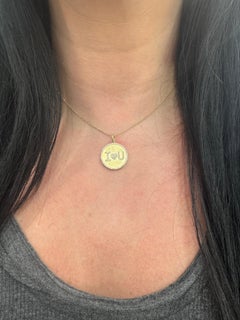 I LOVE YOU Diamond Disc Matte Finish Charm Pendant 0.27 Carats 14KT Yellow Gold