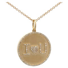 I LOVE YOU Diamond Disc Matte Finish Charm Pendant 0.27 Carats 14KT Yellow Gold