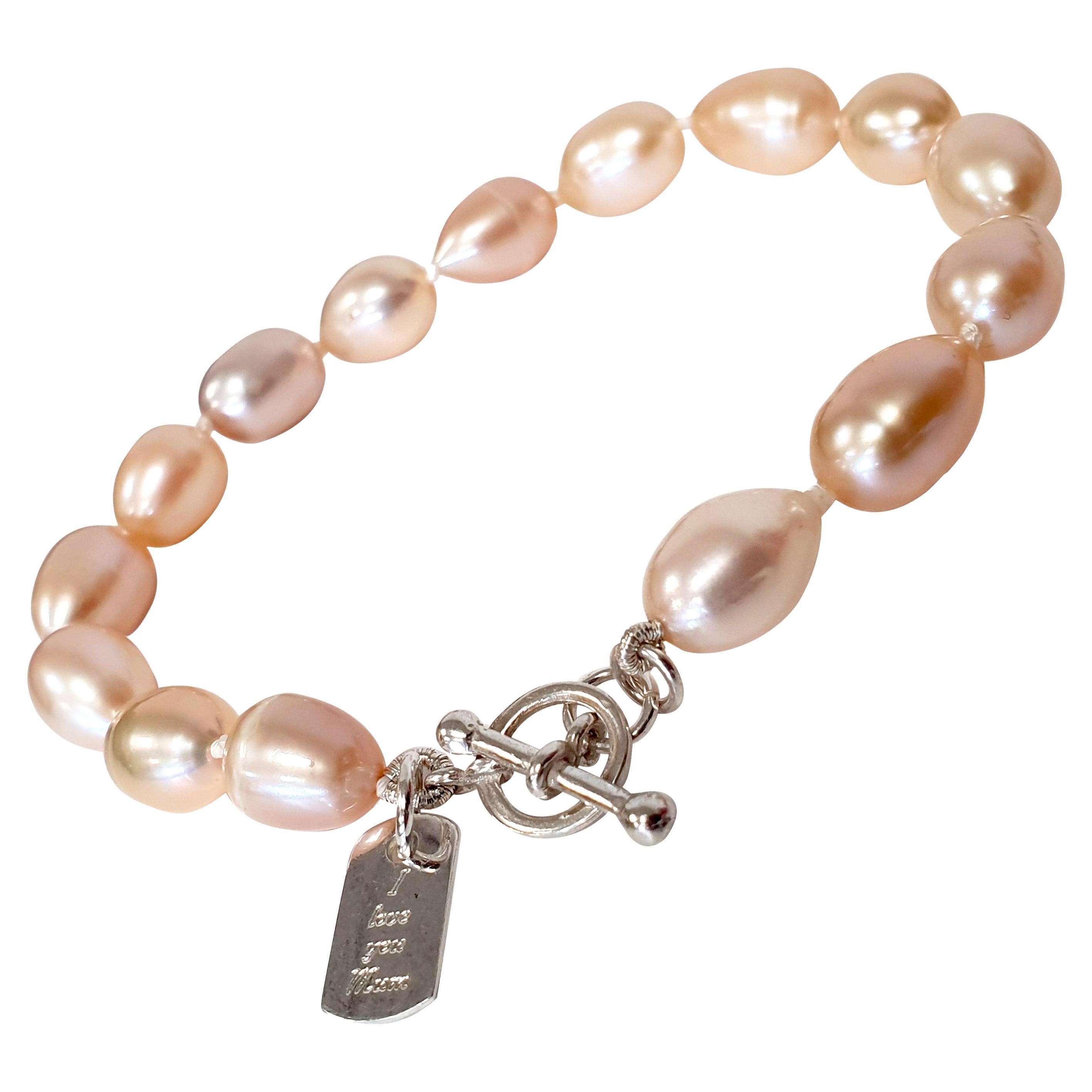 I Love You Mum Sterling Silver Tag Charm Knotted Peach Pearl T-Bar Bracelet