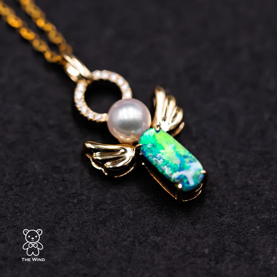 Artist I Love You, My Angel! Boulder Opal Pearl Pendant 18K Yellow Gold with Diamonds For Sale