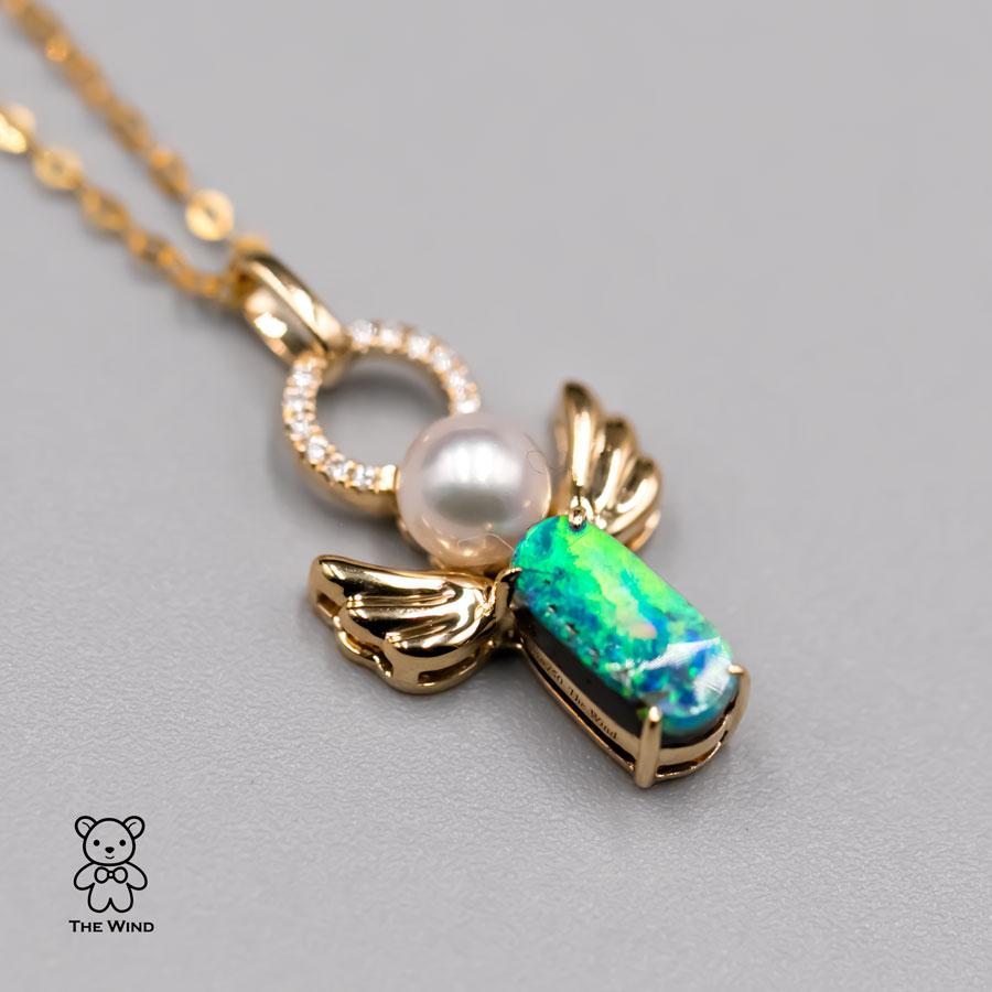 I Love You, My Angel! Boulder Opal Pearl Pendant 18K Yellow Gold with Diamonds In New Condition For Sale In Suwanee, GA