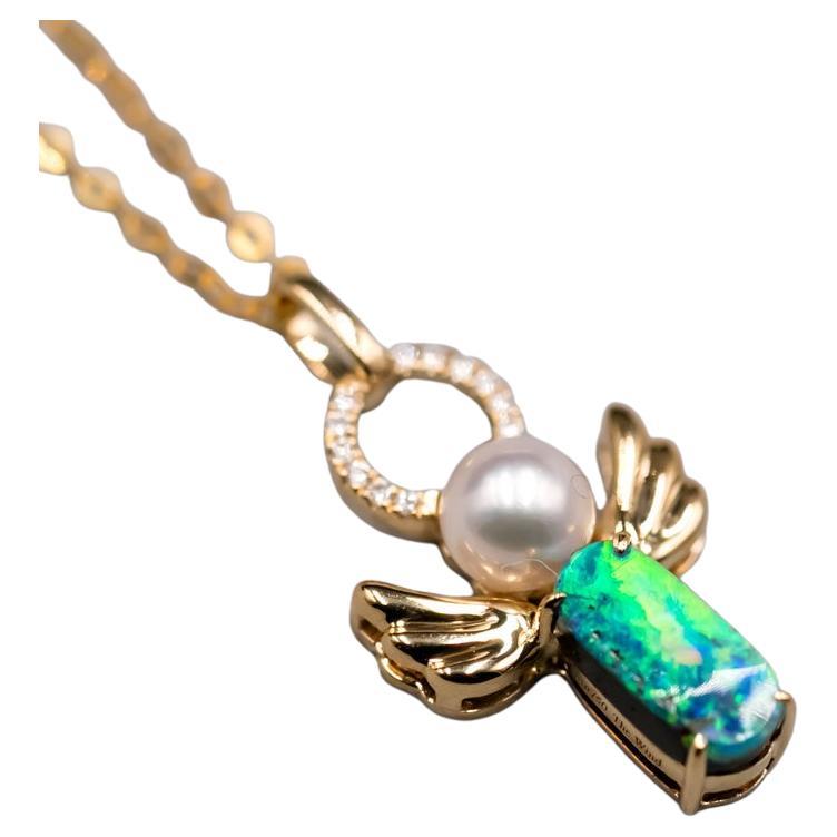 I Love You, My Angel! Boulder Opal Pearl Pendant 18K Yellow Gold with Diamonds For Sale