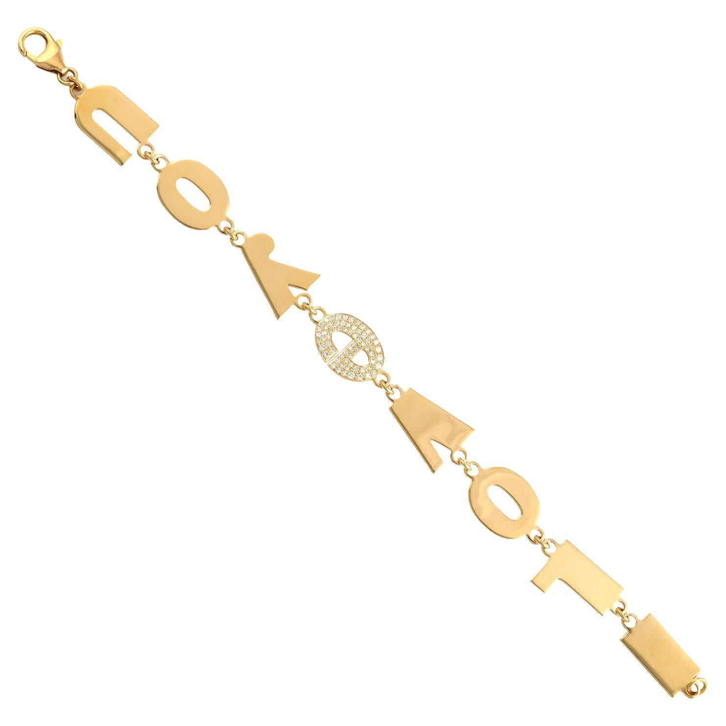 I LOVE YOU Pave Diamond Link Bracelet Made In 14K Yellow Gold For Sale