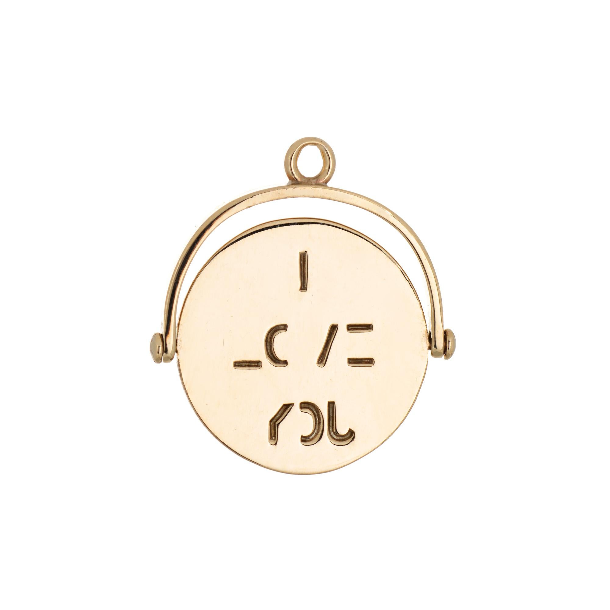Modern I Love You Spinner Charm 70s Vintage Pendant Disc 9k Yellow Gold Fine Jewelry For Sale