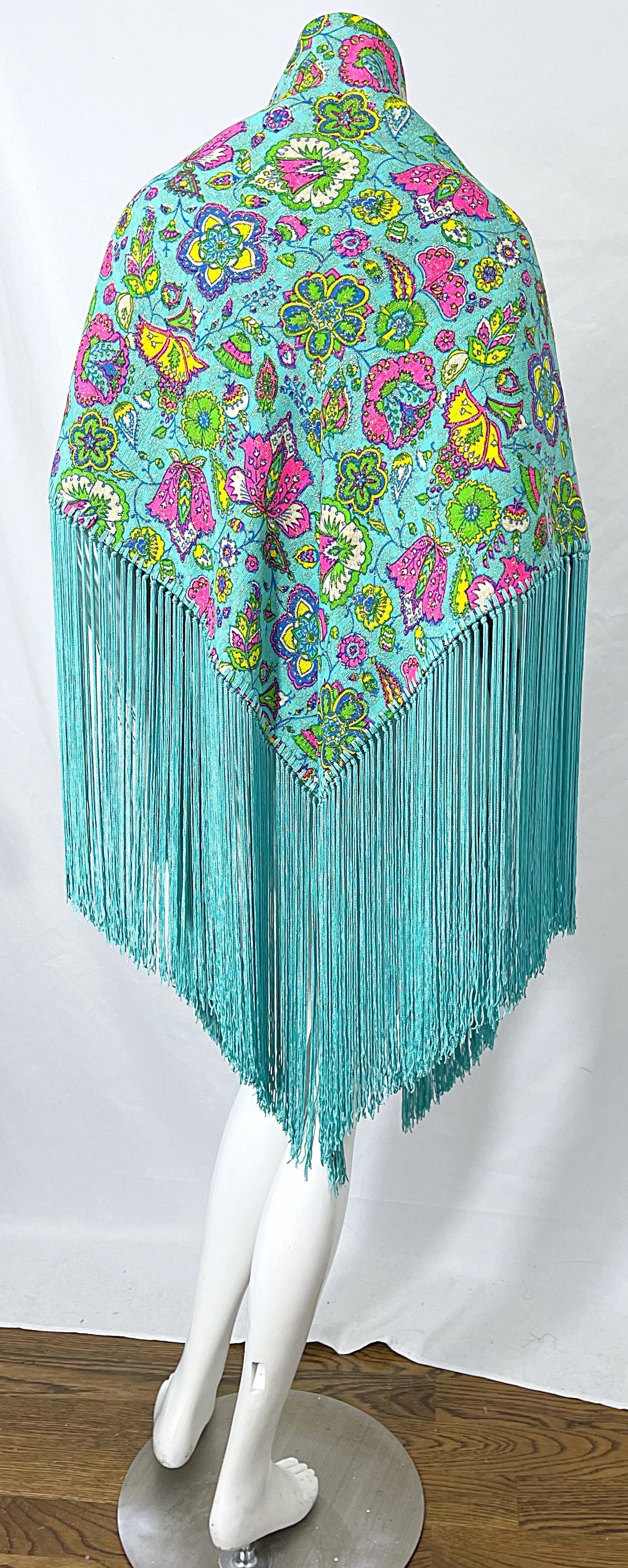 I Magnin 1970s Turquoise Teal Blue Paisley Print Metallic Large 70s Fringe Shawl For Sale 4