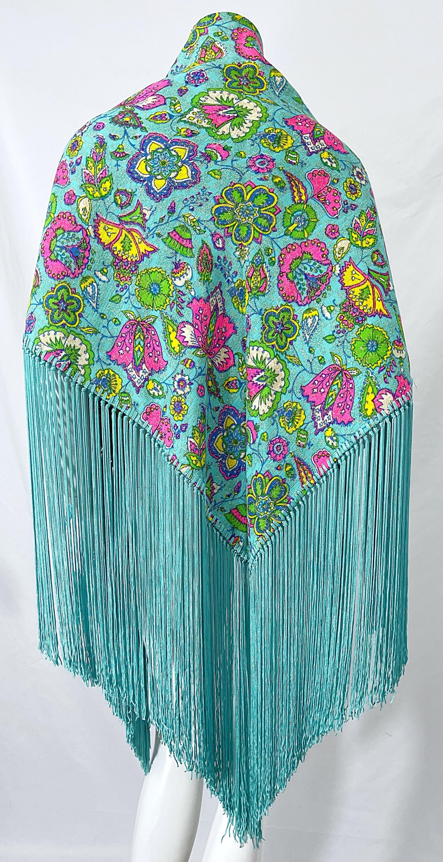 I Magnin 1970s Turquoise Teal Blue Paisley Print Metallic Large 70s Fringe Shawl For Sale 6