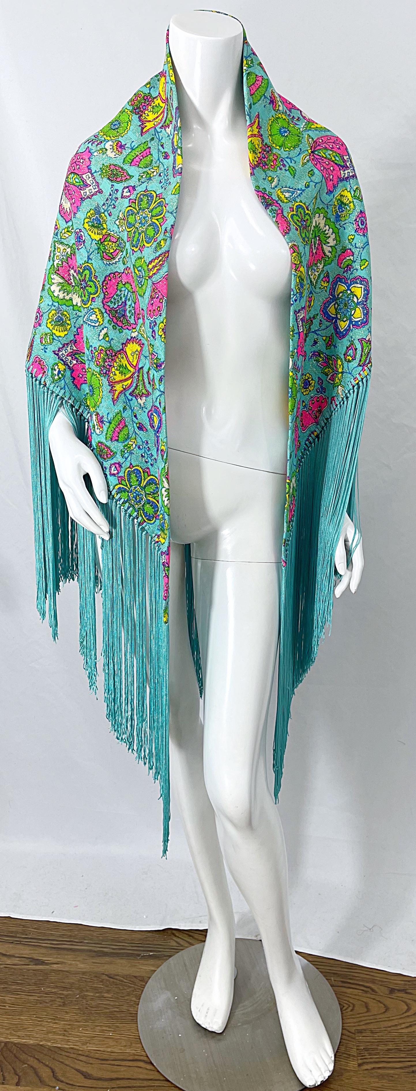 I Magnin 1970s Turquoise Teal Blue Paisley Print Metallic Large 70s Fringe Shawl For Sale 11