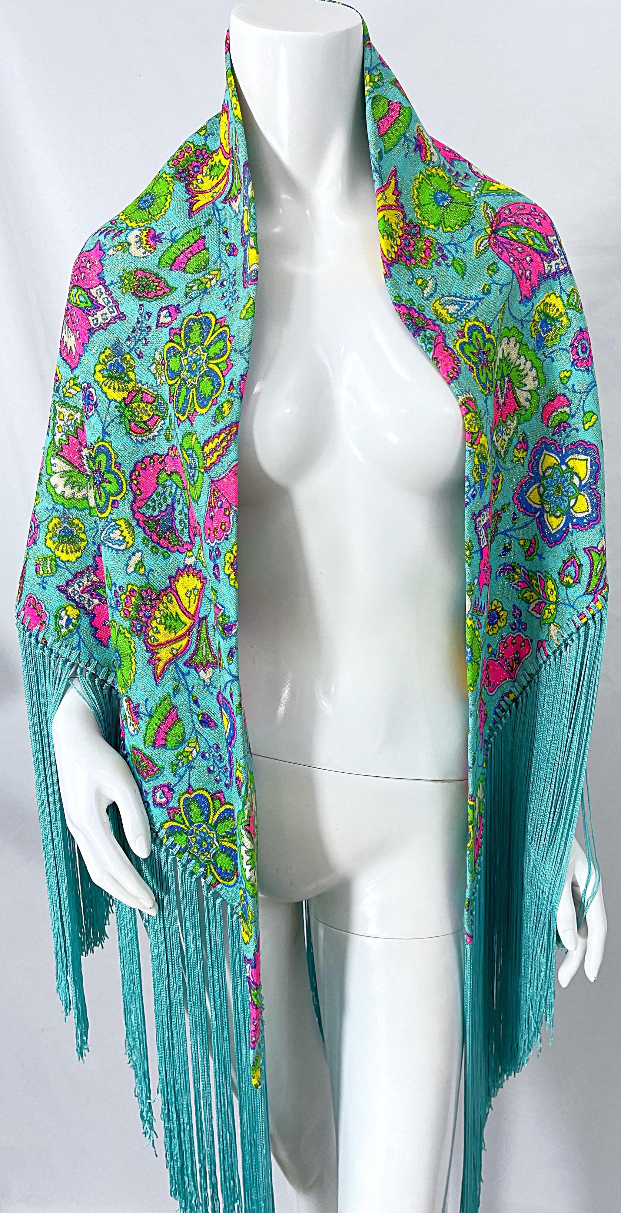 I Magnin 1970s Turquoise Teal Blue Paisley Print Metallic Large 70s Fringe Shawl In Excellent Condition For Sale In San Diego, CA