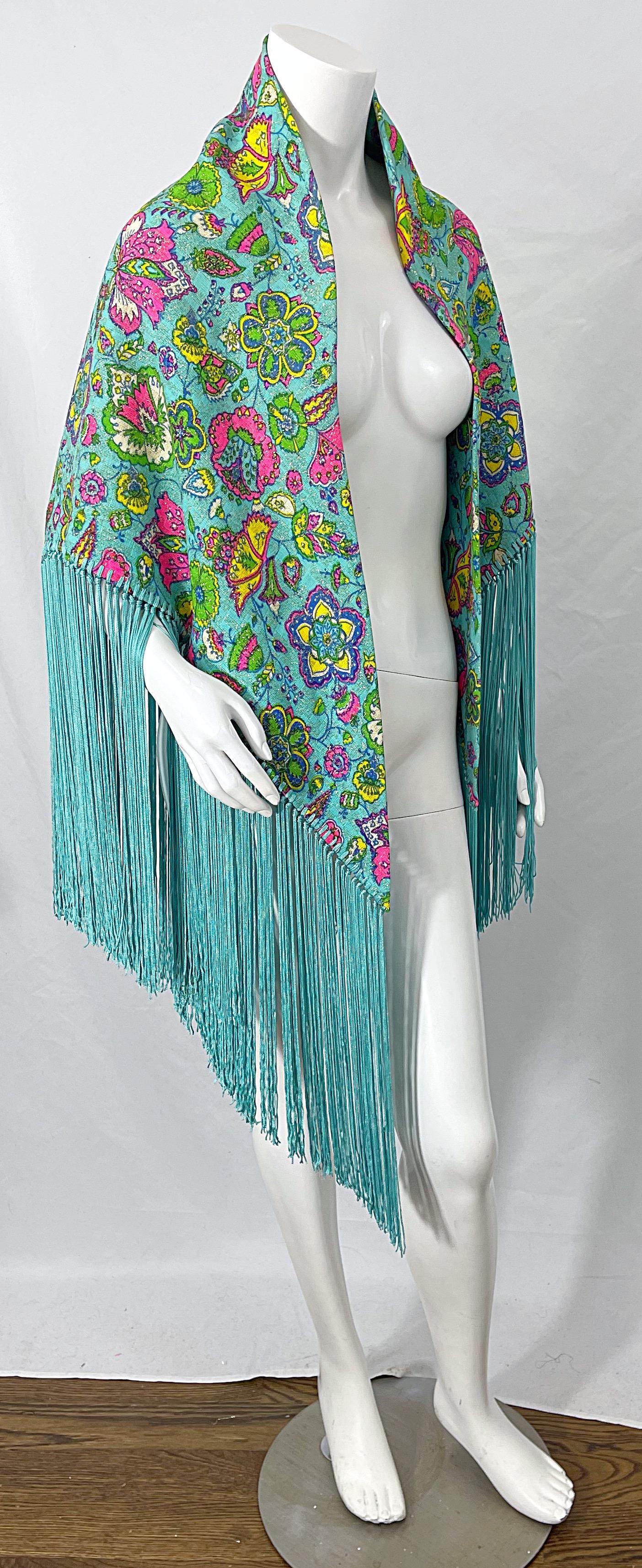 I Magnin 1970s Turquoise Teal Blue Paisley Print Metallic Large 70s Fringe Shawl For Sale 1