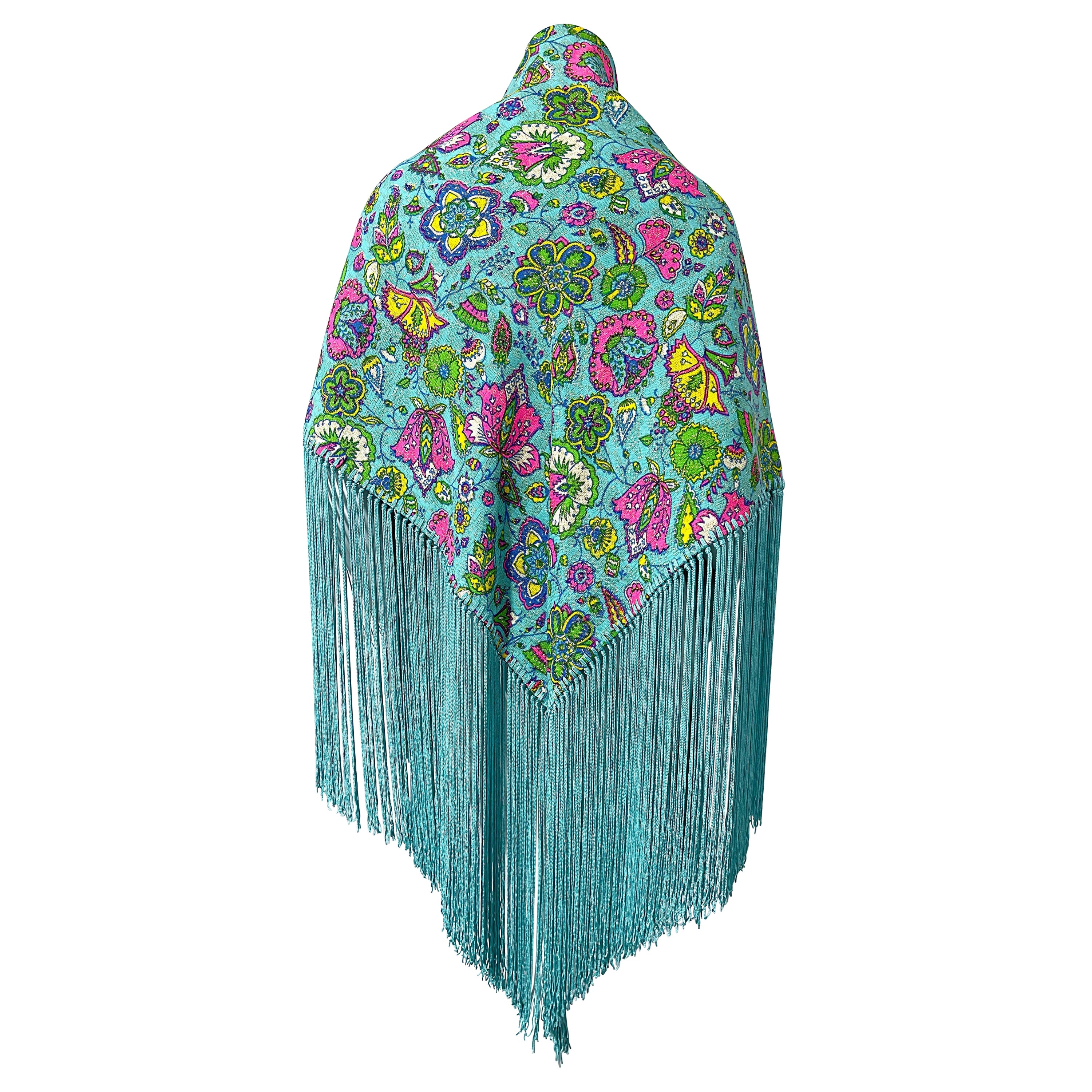 I Magnin 1970er Jahre Türkis Teal Blau Paisley Print Metallic Großer 70er Jahre Fransen Schal im Angebot