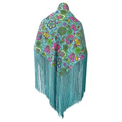 I Magnin - Châle à franges avec imprimé cachemire bleu sarcelle et turquoise métallisé, grande taille, années 1970