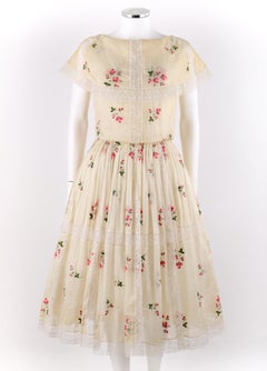 I. MAGNIN & CO. c.1950’s Ivory Lace Pink Floral Shawl Collar Flared Day Dress