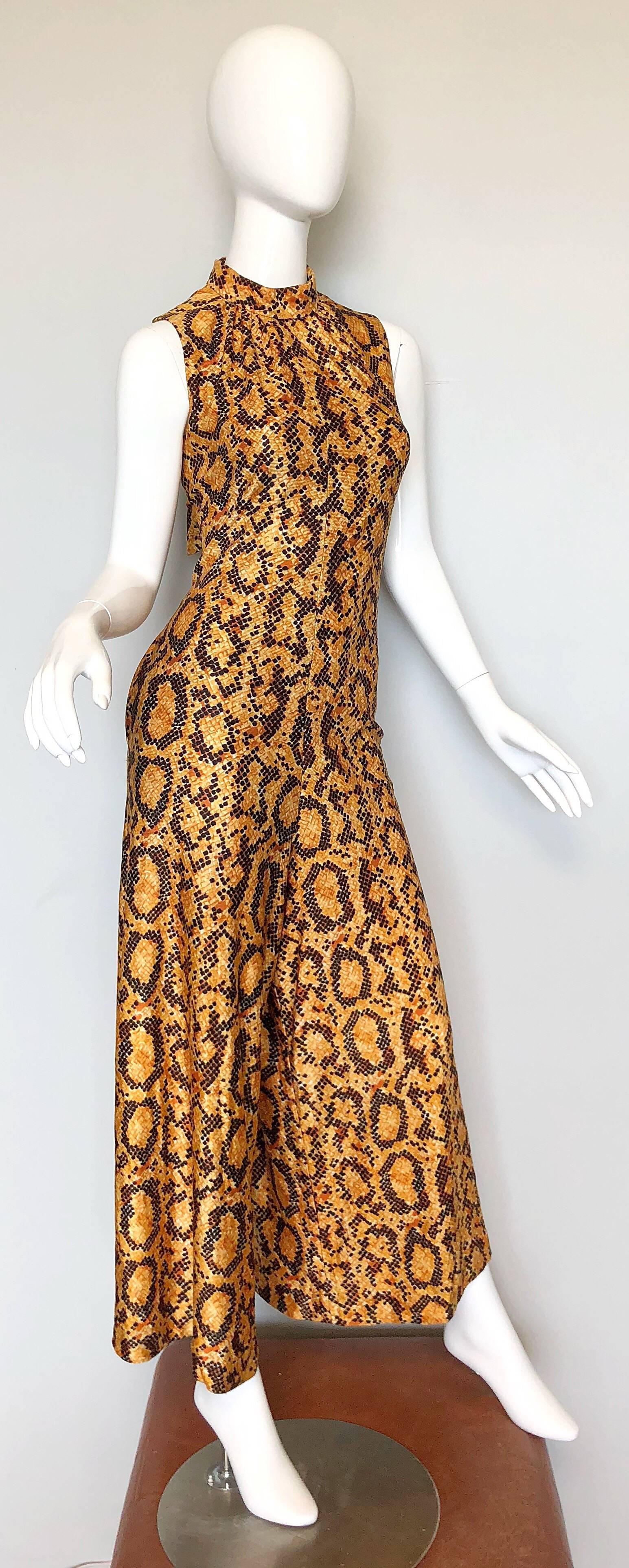 Brown I Magnin Early 1970s Snakeskin Animal Print Wide Palazzo Leg Vintage Jumpsuit