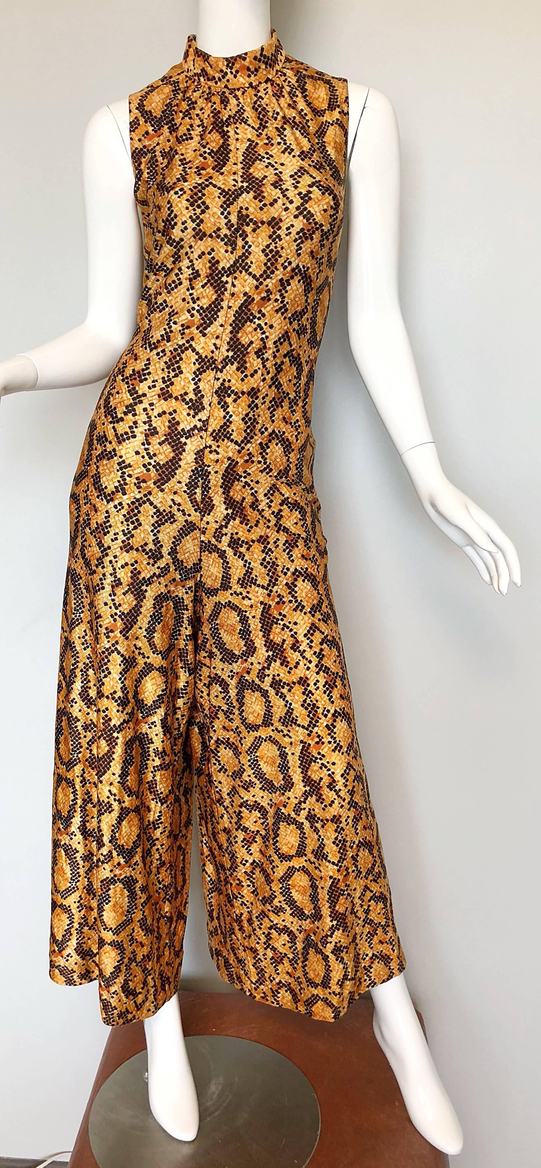 I Magnin Early 1970s Snakeskin Animal Print Wide Palazzo Leg Vintage Jumpsuit In Excellent Condition In San Diego, CA