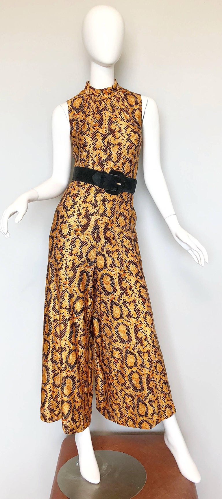 I Magnin Early 1970s Snakeskin Animal Print Wide Palazzo Leg Vintage Jumpsuit For Sale 2