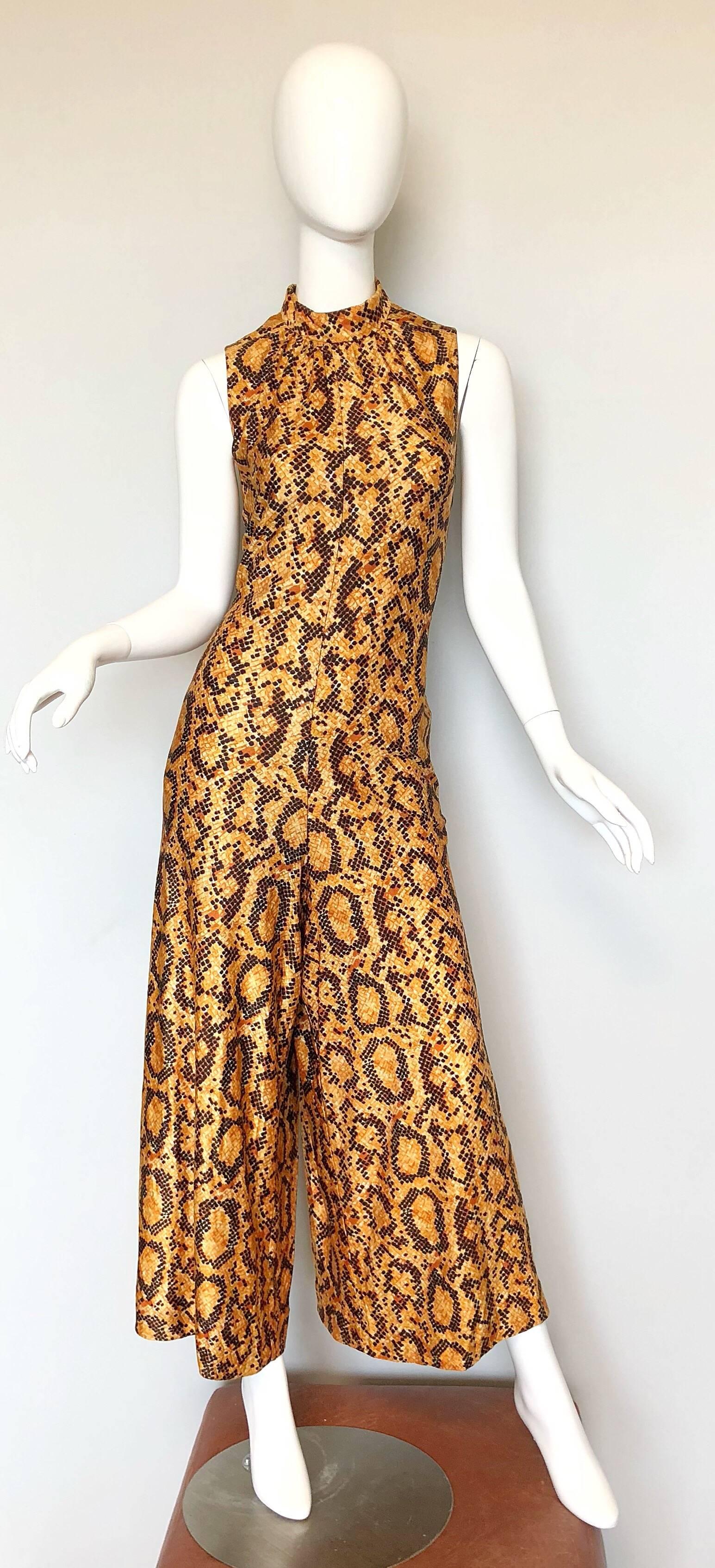 I Magnin Early 1970s Snakeskin Animal Print Wide Palazzo Leg Vintage Jumpsuit 2