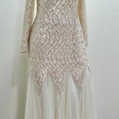 I Magnin Travilla 1980s White Lace Mermaid Bridal Dress