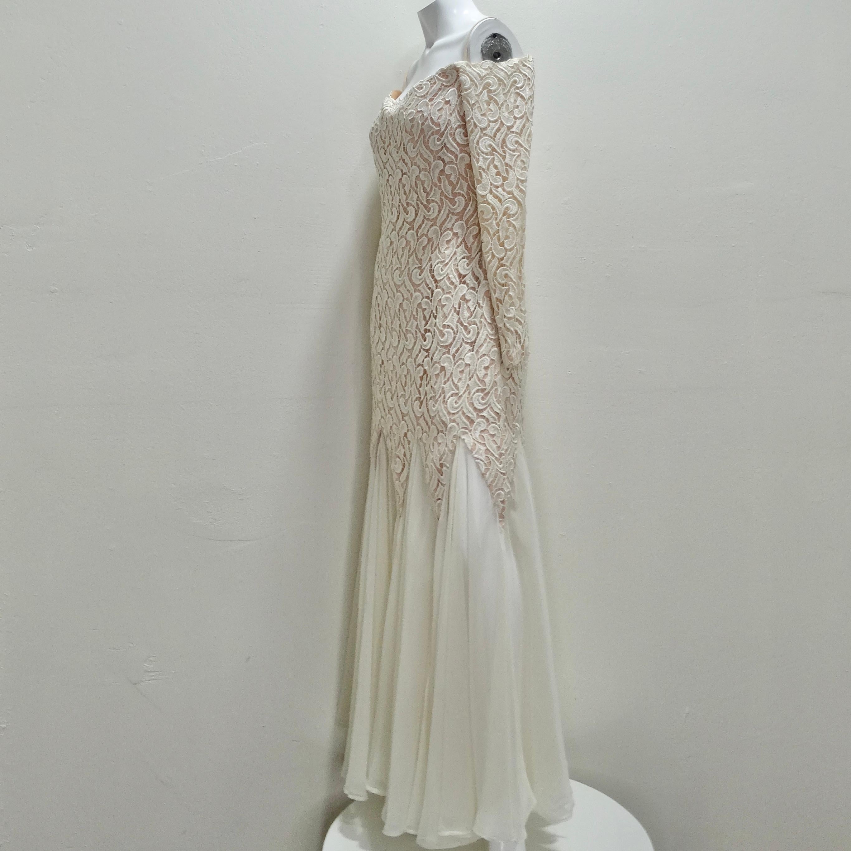 I Magnin Travilla 1980er Jahre Weißes Meerjungfrauen-Brautkleid aus Spitze im Angebot 4