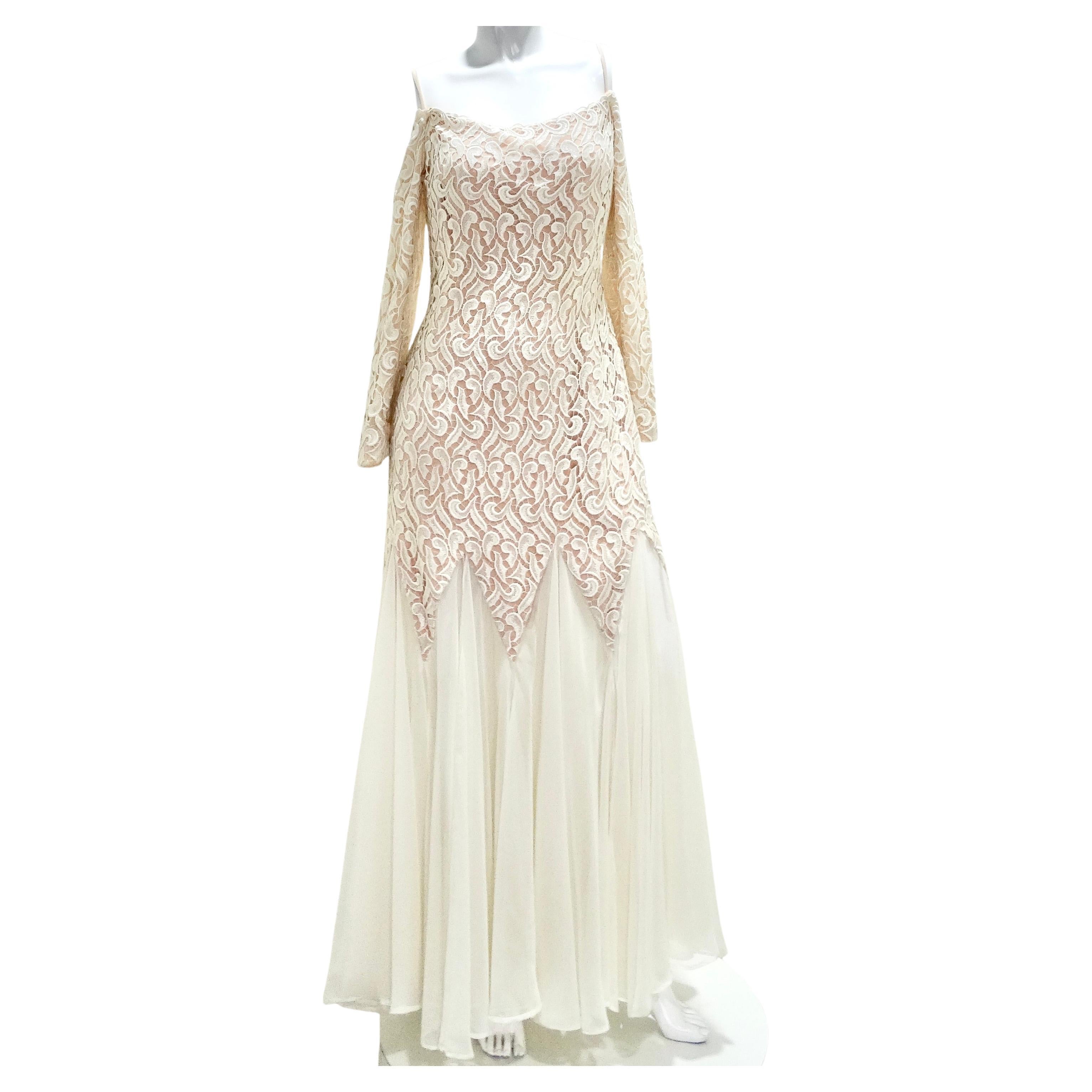 I Magnin Travilla - Robe de mariée en dentelle blanche des années 1980 en vente