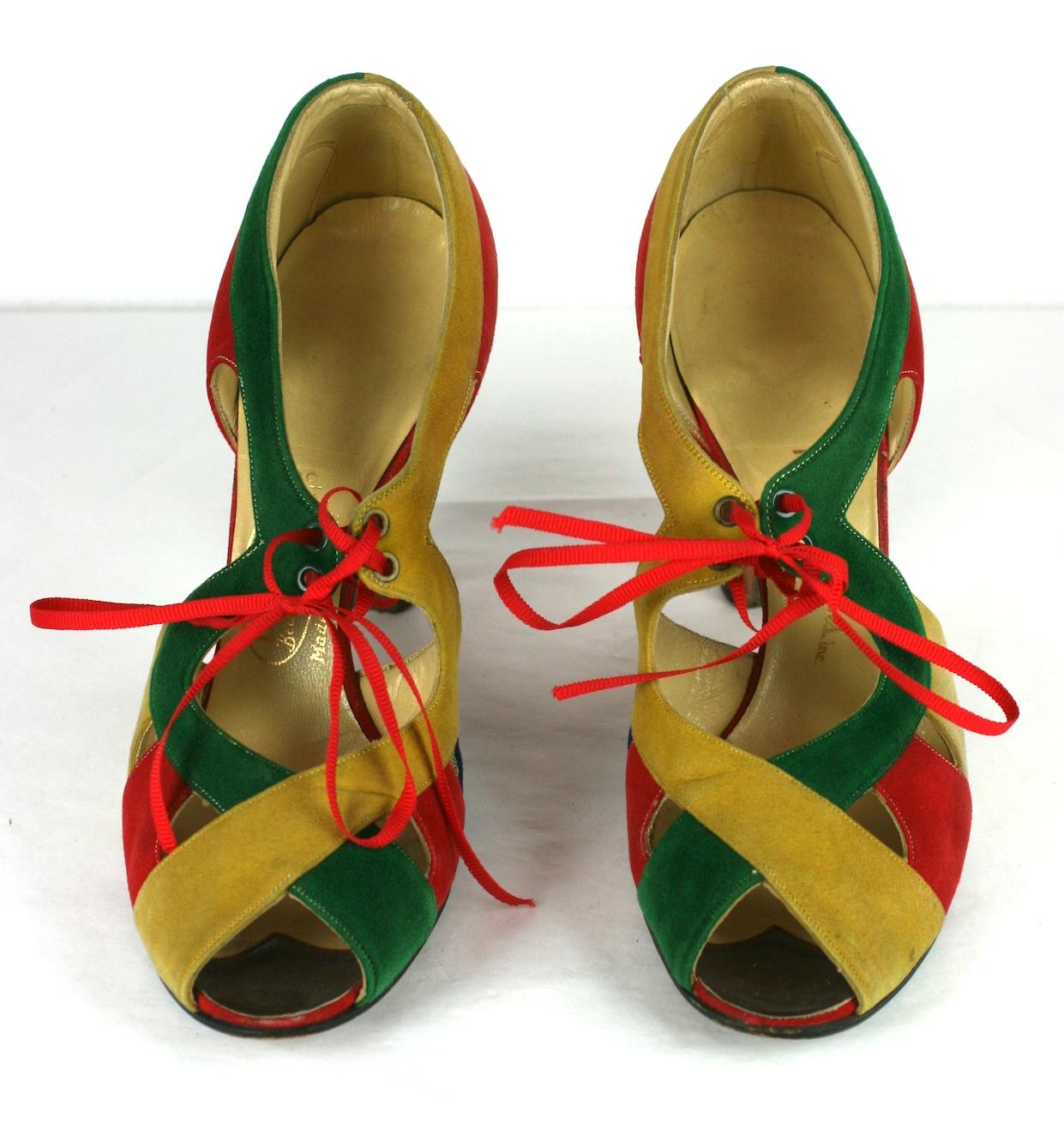 I. Miller Art Deco colorful suede shoes from the 1930's. Striking and brightly hued in primary tones. I. Miller was legendary store on 5th Ave in the early days of NY retail.
Laces are not original. Tiny size.
Size 4N. Base toe to heel 7