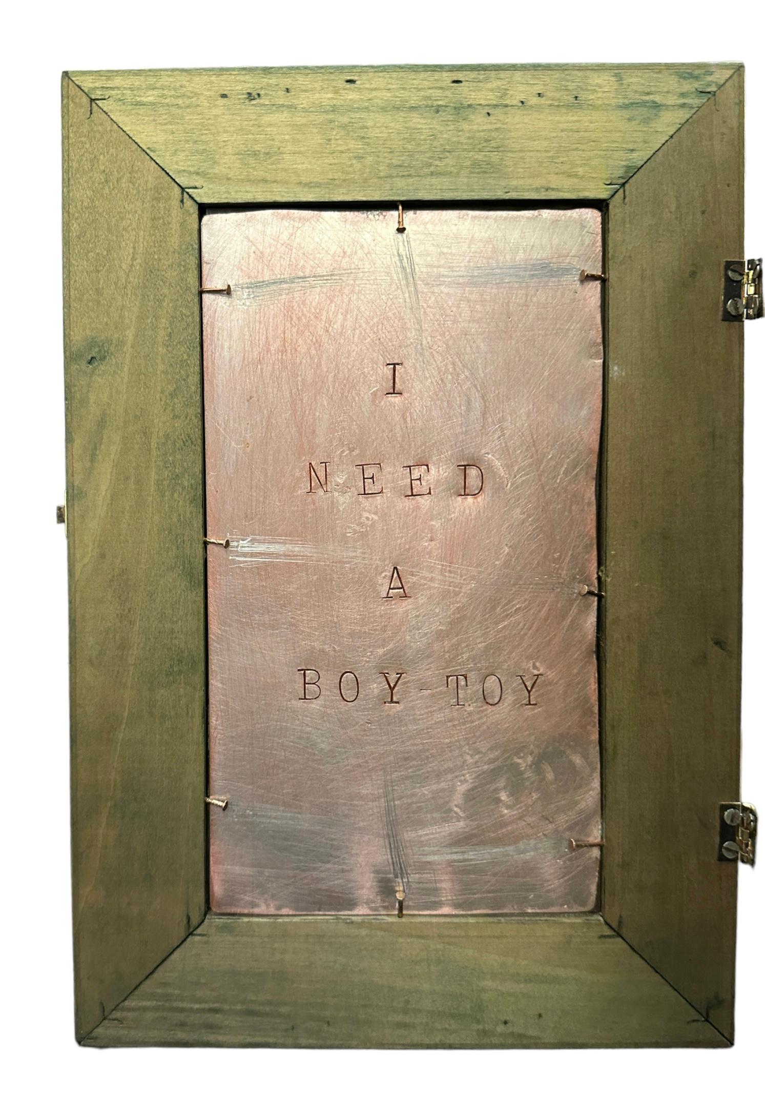 I Need a Boy-Toy, Schminktischspiegel, Mixed Media-Kunstobjekt D'art  (Handgefertigt) im Angebot
