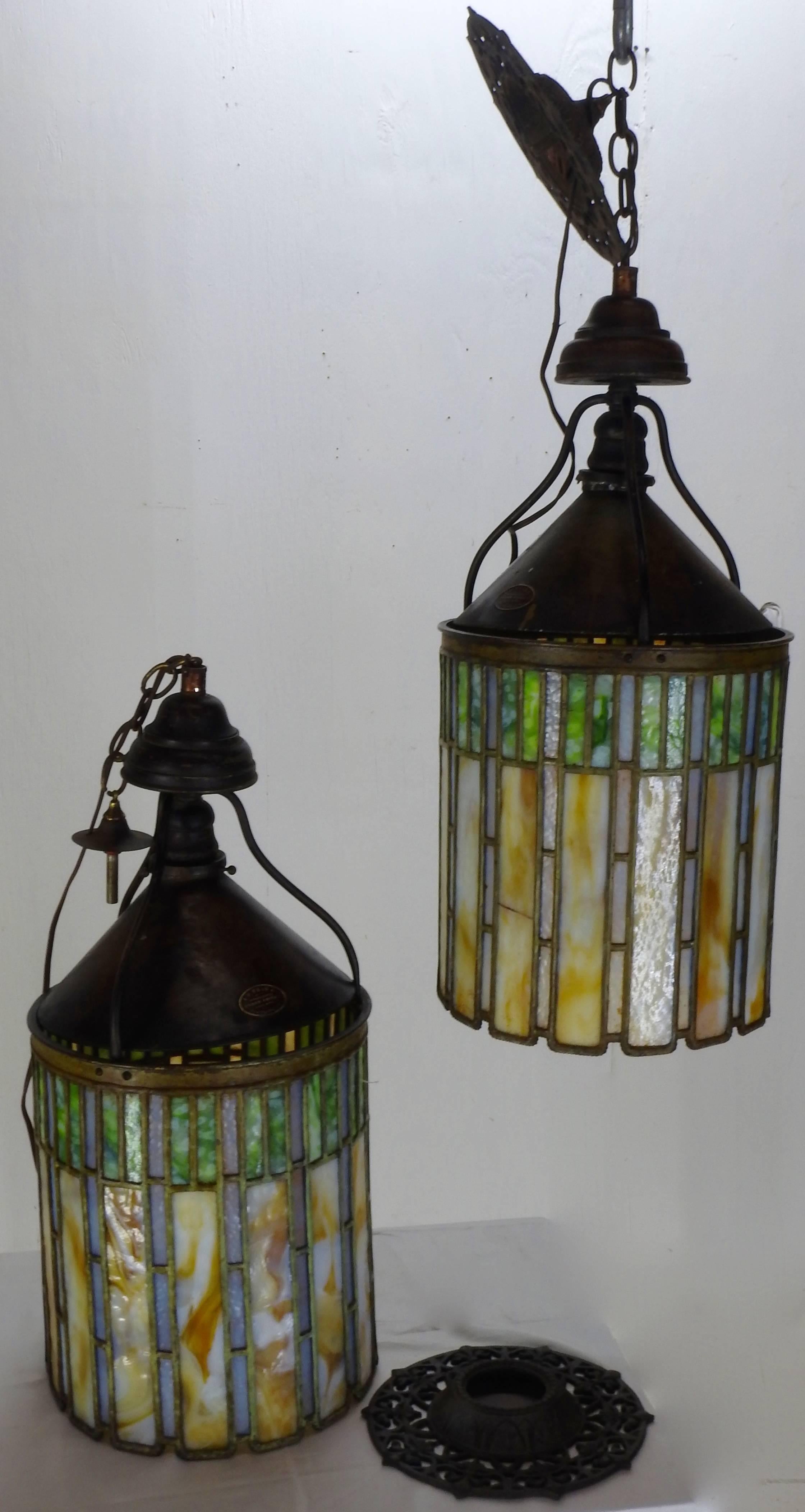 Cast I. P. Frink Stained Glass Hanging Light Fixtures For Sale