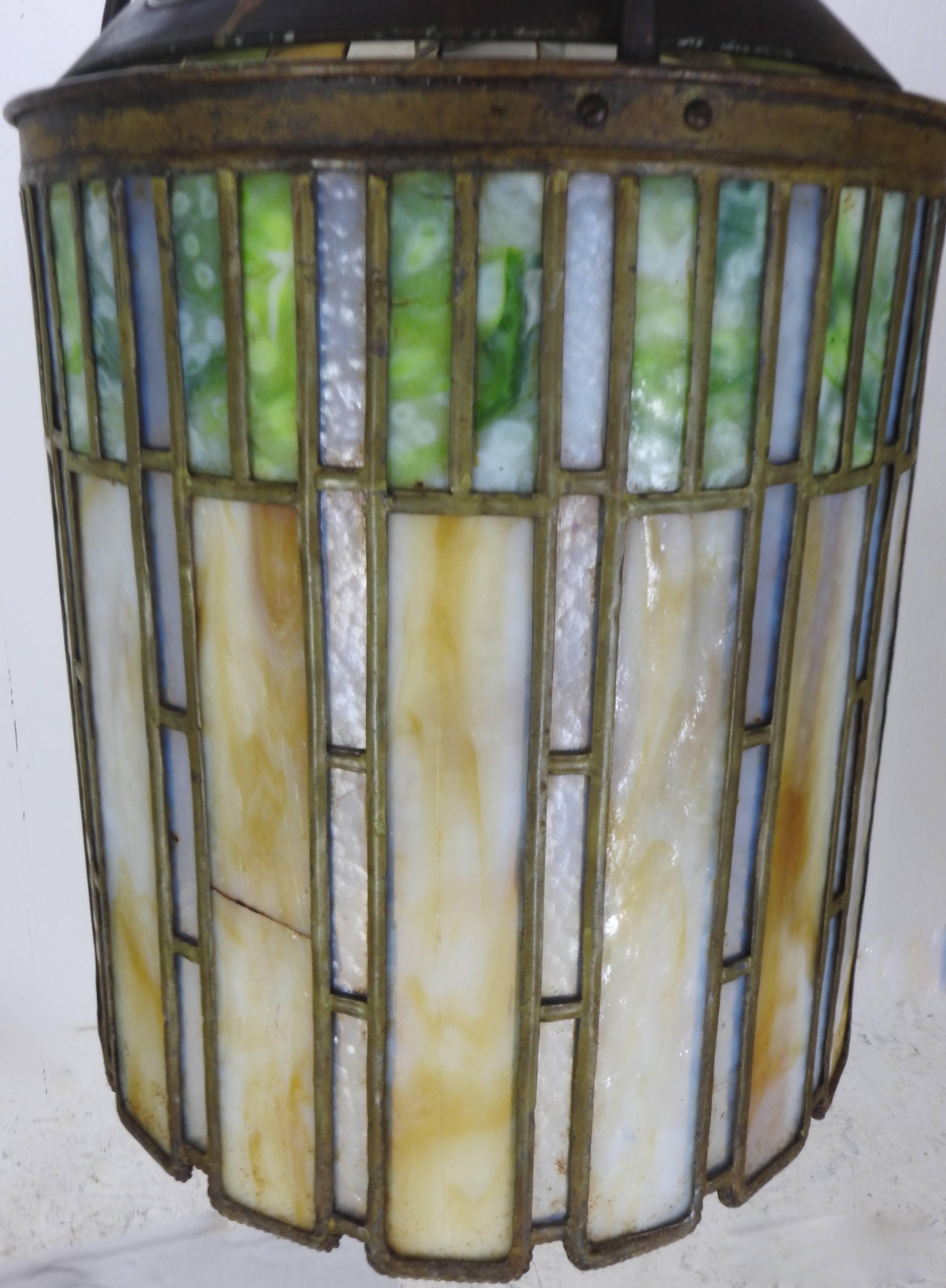 20th Century I. P. Frink Stained Glass Hanging Light Fixtures For Sale