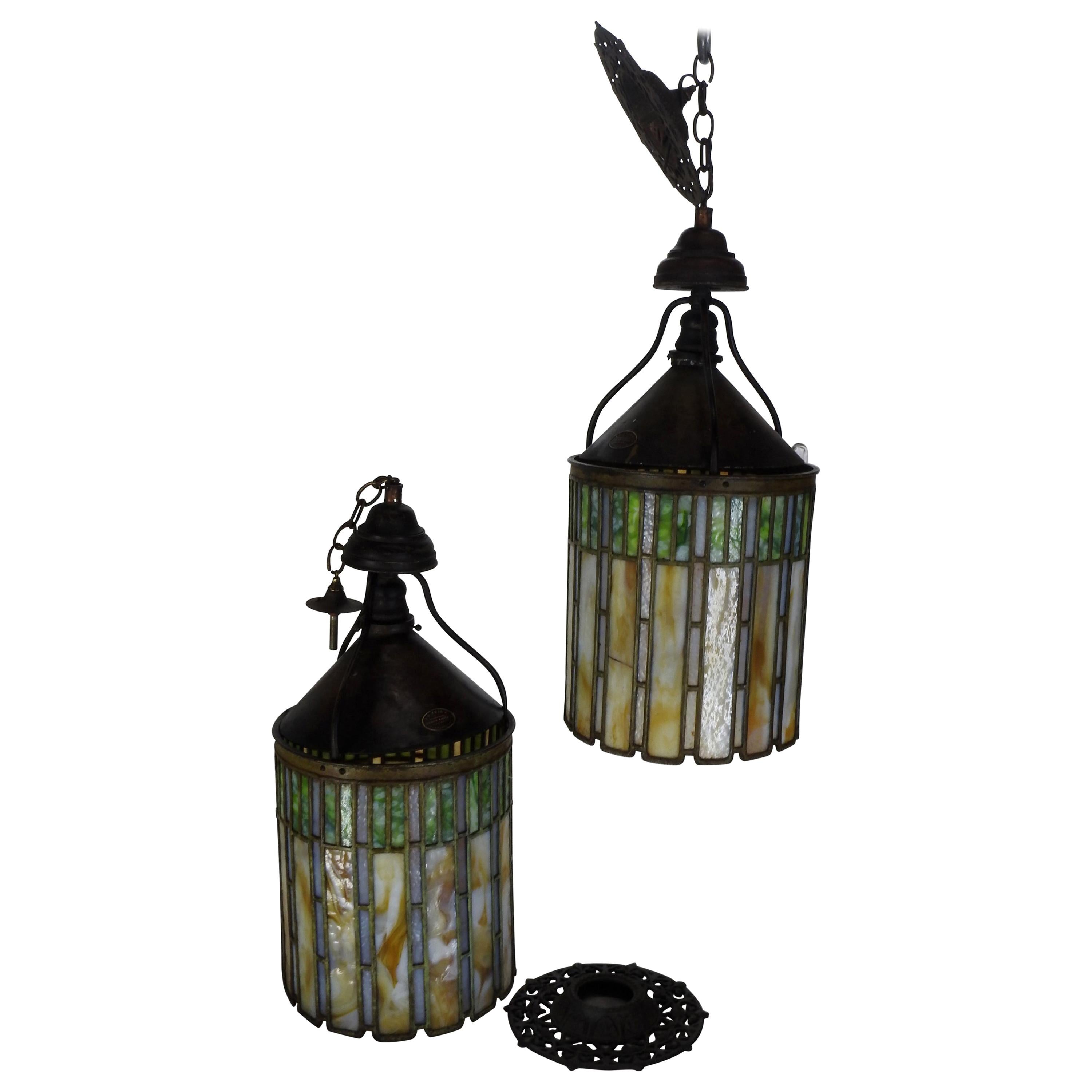 I. P. Frink Stained Glass Hanging Light Fixtures For Sale