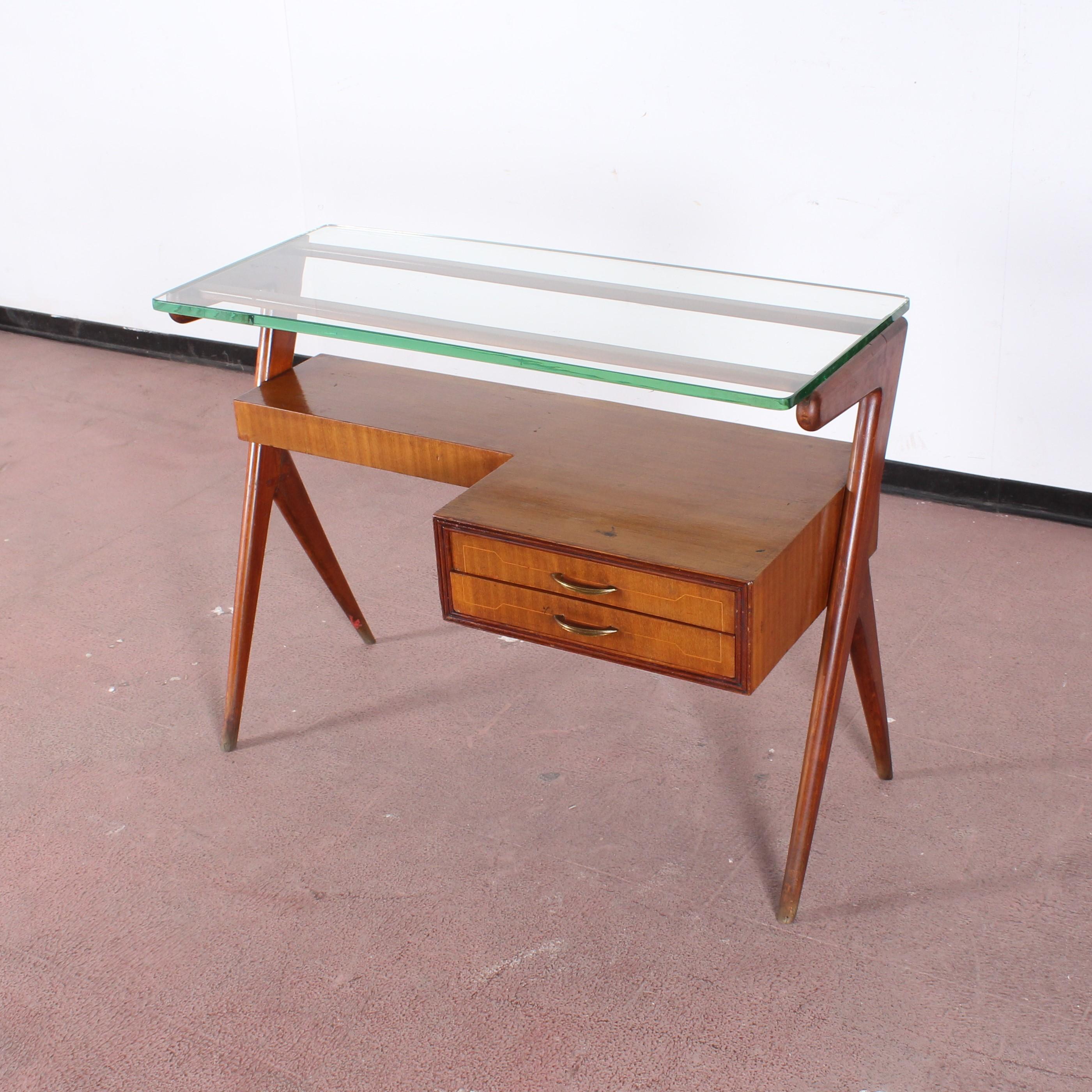 I. Parisi Geometric Midcentury Small Wood and Thick Glass Desk Table Italy 1950s 1