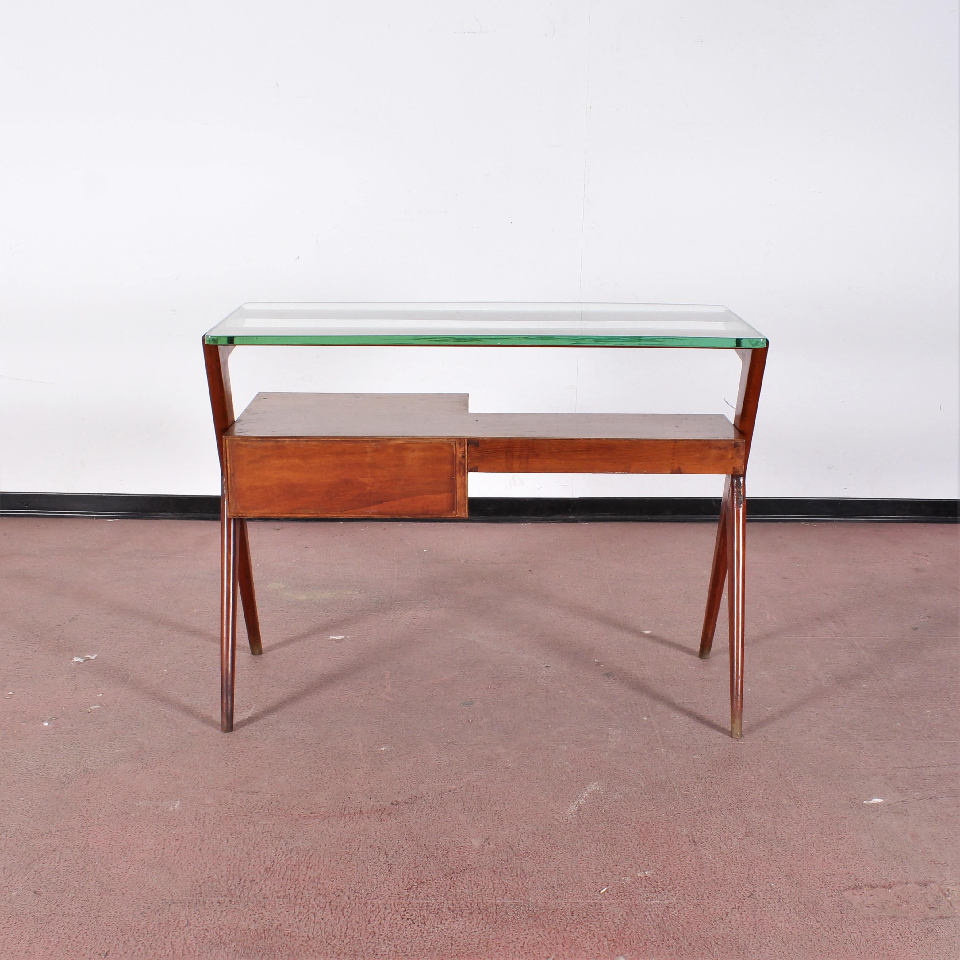 Mid-Century Modern I. Parisi Geometric Midcentury Small Wood and Thick Glass Desk Table Italy 1950s