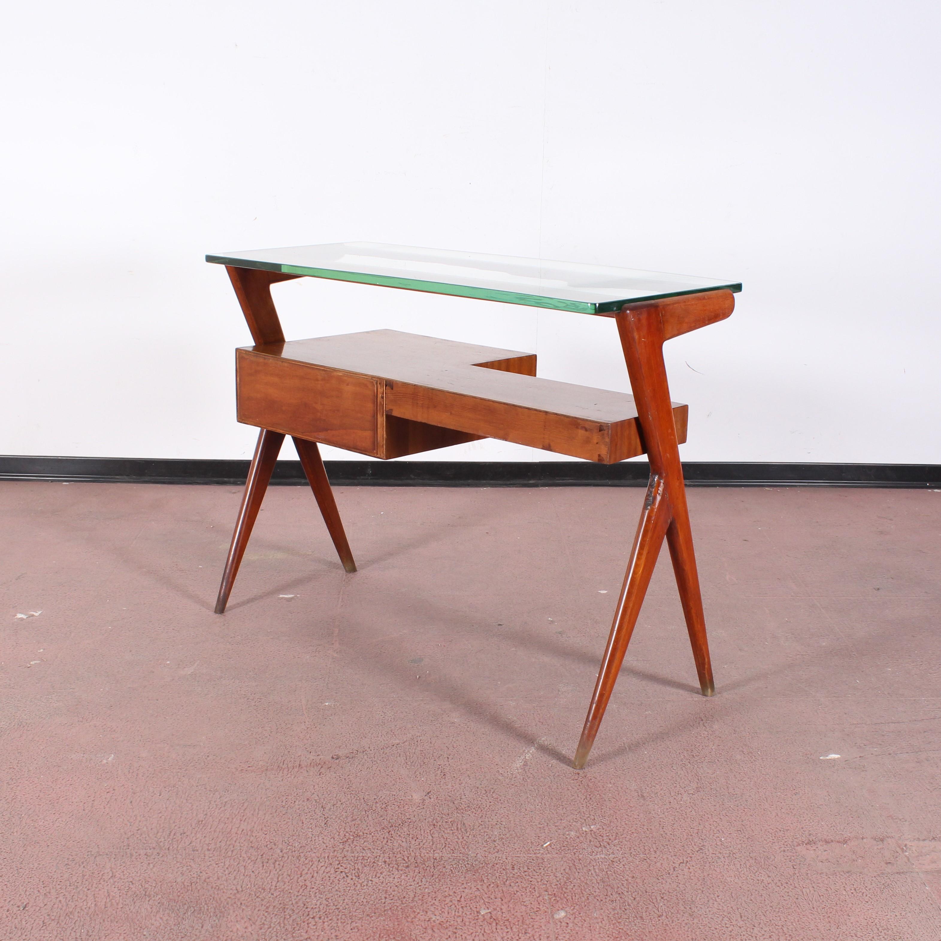 Italian I. Parisi Geometric Midcentury Small Wood and Thick Glass Desk Table Italy 1950s