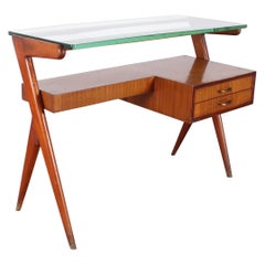 I. Parisi Geometric Midcentury Small Wood and Thick Glass Desk Table Italy 1950s