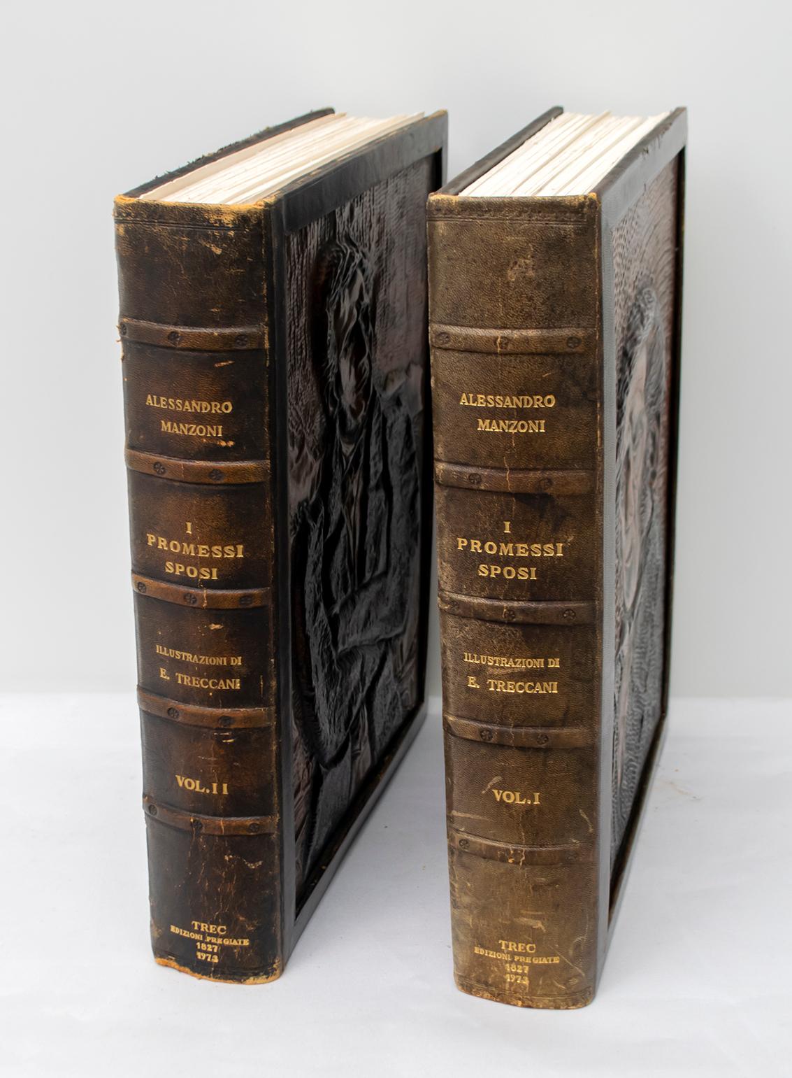 I Promessi Sposi von Alessandro Manzoni - Treccani-Ausgabe von 1973.
Prachtvolle zweibändige Ausgabe in Leder gebunden, geprägter Kupfereinband, Werk des Bildhauers Bronislav Lucovic. Der Druck wurde von der Vatican Polyglot Typography auf