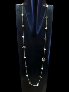 I. Reiss Flower Diamond Motif and Pearl 14K Yellow Gold Necklace 36 Inches