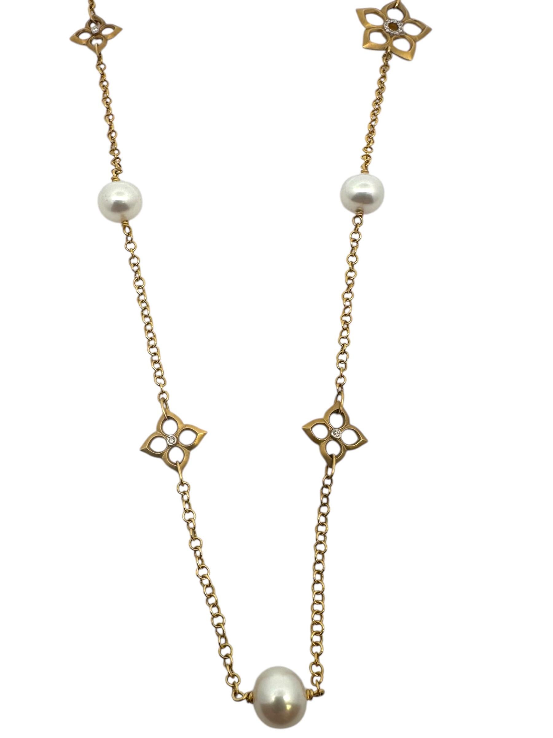 I. Reiss Halskette aus 14 Karat Gelbgold mit Blumen-Diamant-Motiv und Perle 36 Zoll im Angebot 1