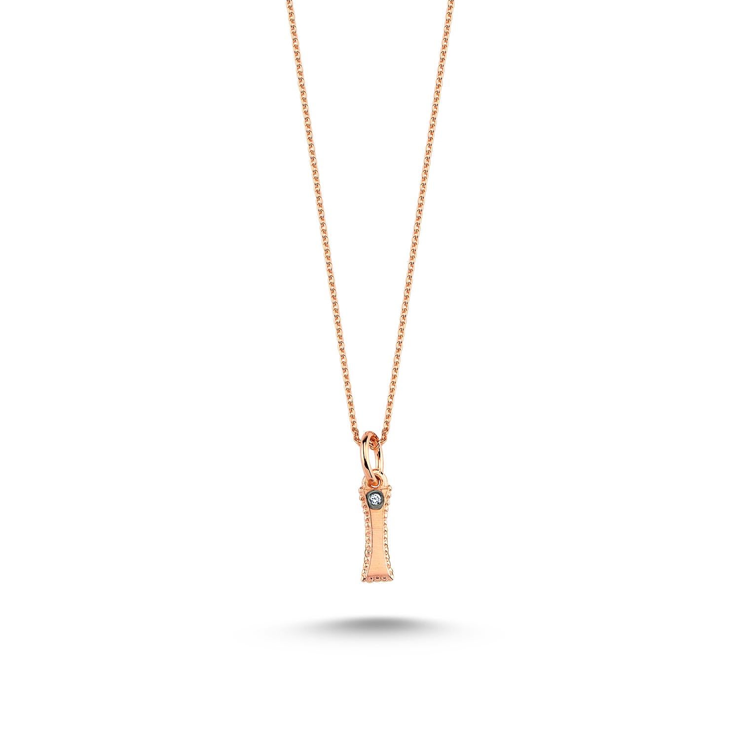 I small necklace in 14k rose gold with 0.01ct white diamond by Selda Jewellery

Additional Information:-
Collection: Letter collection
14K Rose gold
0.01ct White diamond
Pendant height 0.7cm
Chain length 44cm